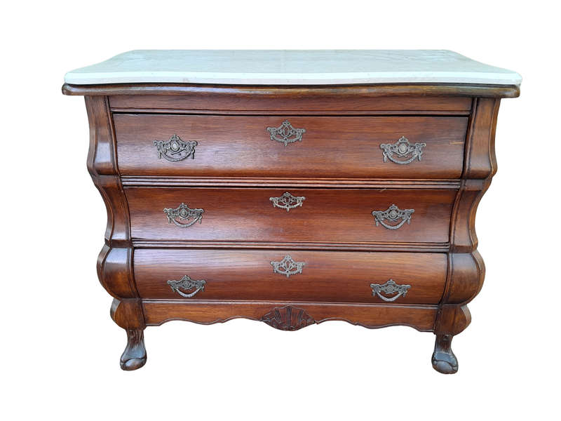 A 19th Century French Provincial Louis XVI-style Oakwood Bombe Chest of Drawers with Galala Cream...