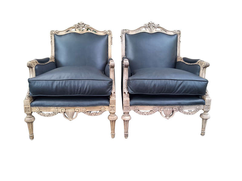 A 20TH Century Pair of French Louis XVI-style Walnut Fauteuils / Armchairs Upholstered in Leather...
