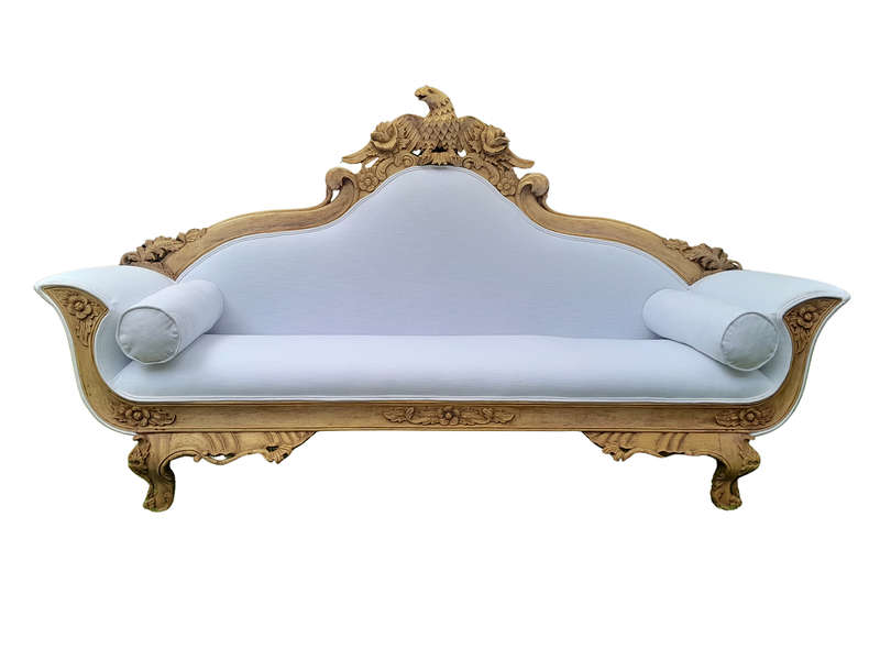A 20th Century Ornately  Carved Eagle Settee In A Bleached Contemporary Finish Upholstered In A ...