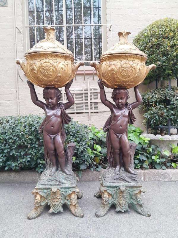 A Rare Pair Of 19th Century Patinated Bronzes Putt/Figural Statues With Urns ND