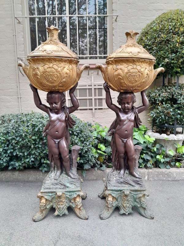 A Rare Pair Of 19th Century Patinated Bronzes Putt/Figural Statues With Urns ND