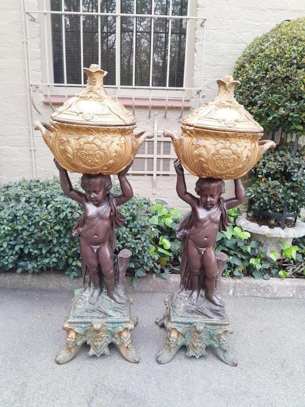 A Rare Pair Of 19th Century Patinated Bronzes Putt/Figural Statues With Urns ND