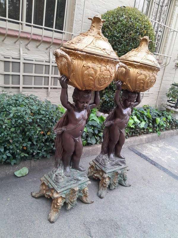 A Rare Pair Of 19th Century Patinated Bronzes Putt/Figural Statues With Urns ND