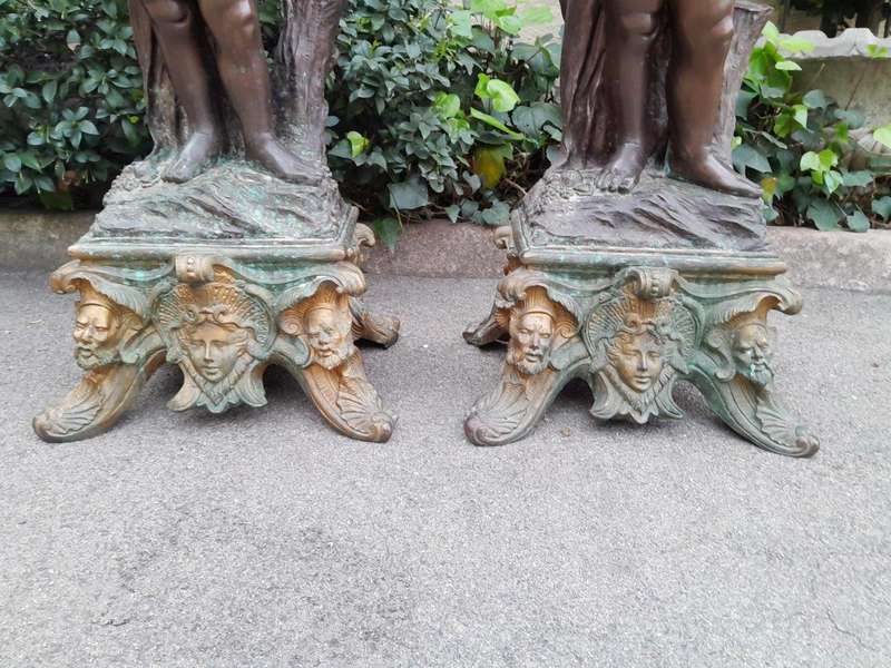 A Rare Pair Of 19th Century Patinated Bronzes Putt/Figural Statues With Urns ND