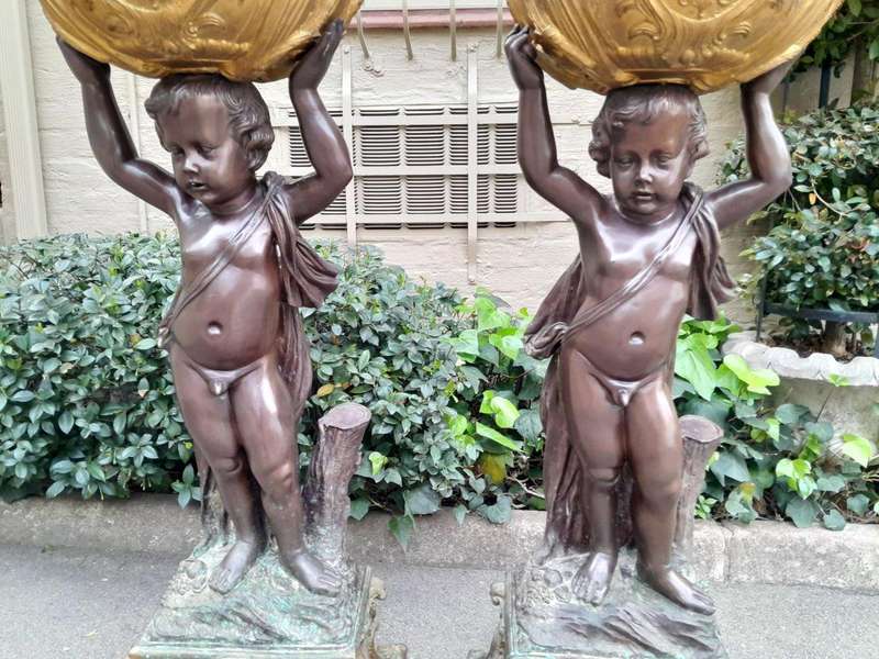 A Rare Pair Of 19th Century Patinated Bronzes Putt/Figural Statues With Urns ND