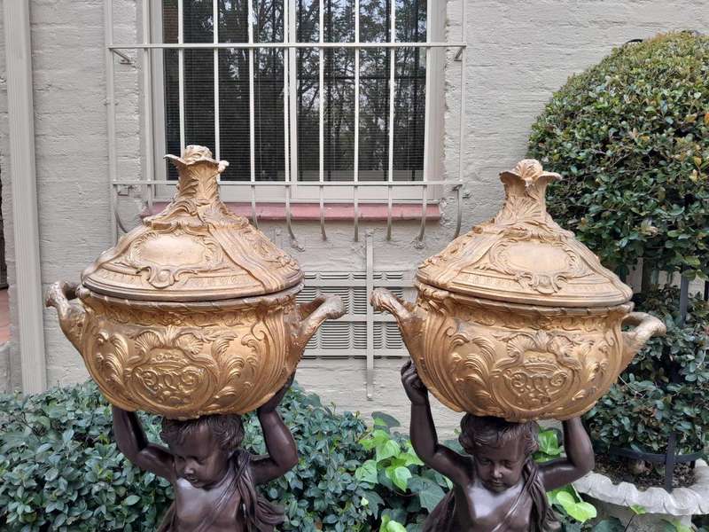 A Rare Pair Of 19th Century Patinated Bronzes Putt/Figural Statues With Urns ND