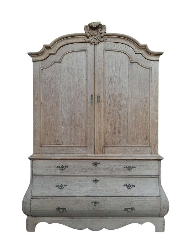 An 18th Century Dutch Oak Armoire Bombe in a Contemporary Bleached Finish