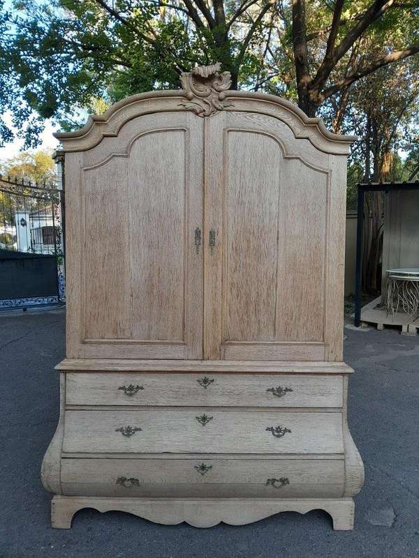 An 18th Century Dutch Oak Armoire Bombe in a Contemporary Bleached Finish