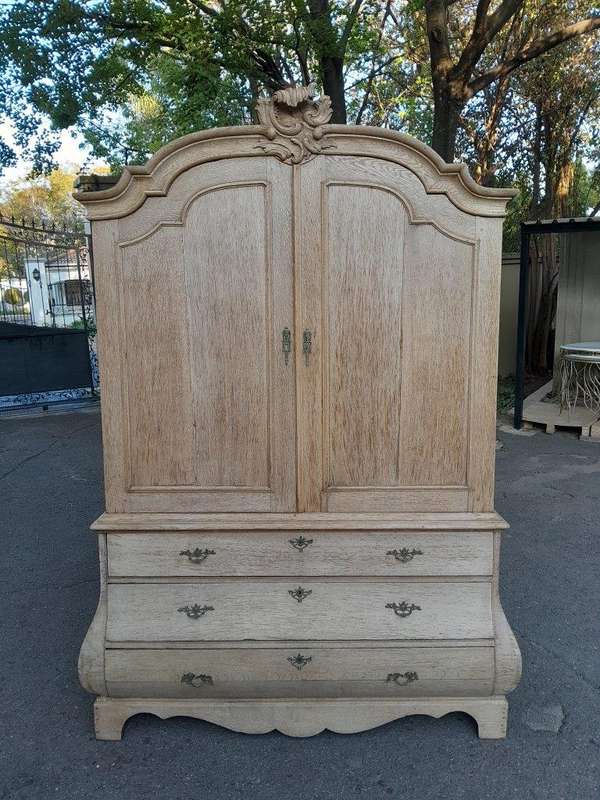 An 18th Century Dutch Oak Armoire Bombe in a Contemporary Bleached Finish