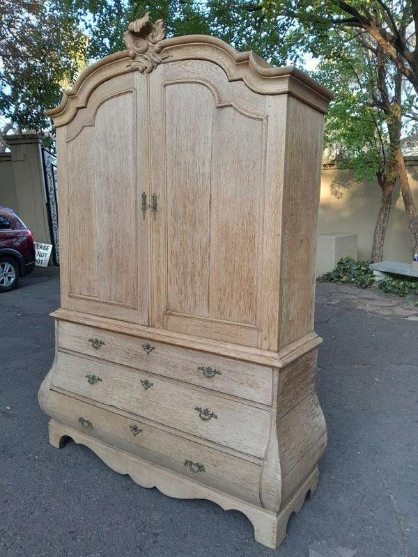 An 18th Century Dutch Oak Armoire Bombe in a Contemporary Bleached Finish