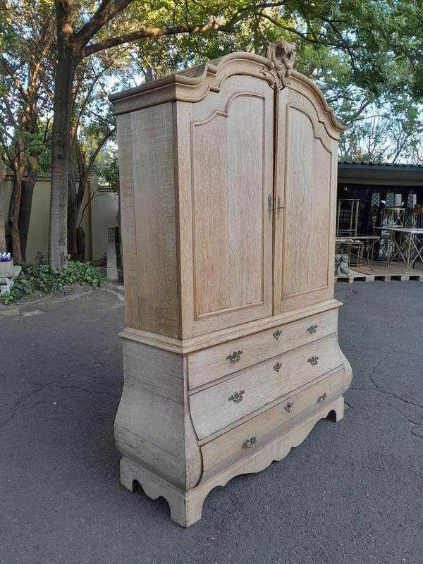 An 18th Century Dutch Oak Armoire Bombe in a Contemporary Bleached Finish