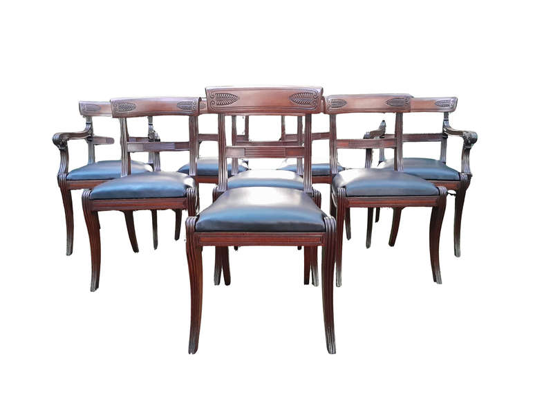 An Antique Late 18th / Early 19th Regency Set of Eight  Mahogany Dining Chairs Upholstered inlea...