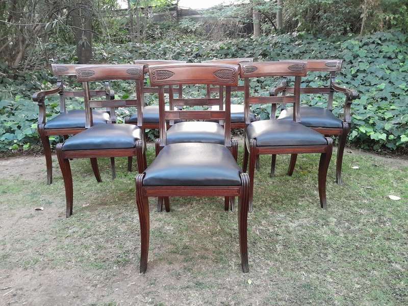 An Antique Late 18th / Early 19th Regency Set of Eight  Mahogany Dining Chairs Upholstered inlea...