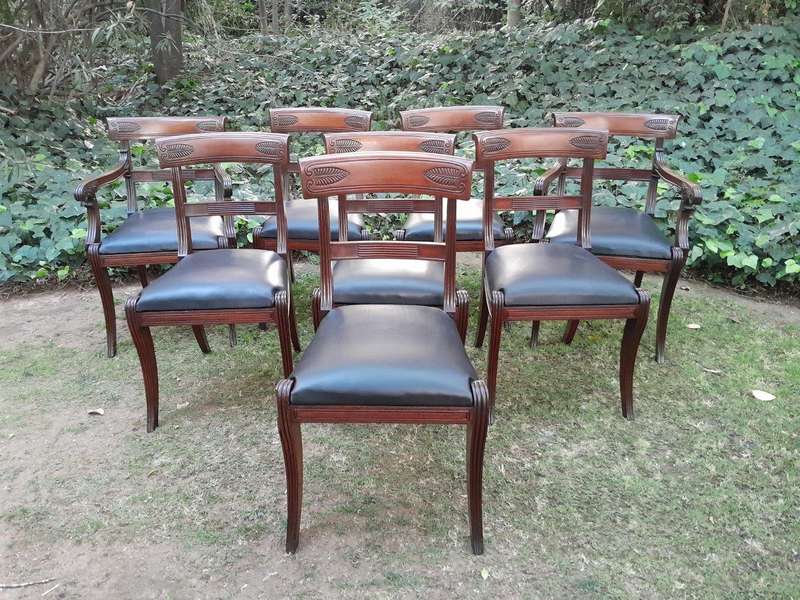 An Antique Late 18th / Early 19th Regency Set of Eight  Mahogany Dining Chairs Upholstered inlea...