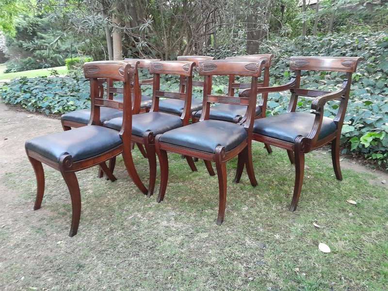 An Antique Late 18th / Early 19th Regency Set of Eight  Mahogany Dining Chairs Upholstered inlea...