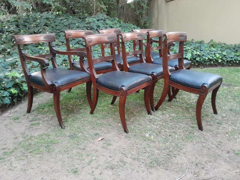 An Antique Late 18th / Early 19th Regency Set of Eight  Mahogany Dining Chairs Upholstered inlea...