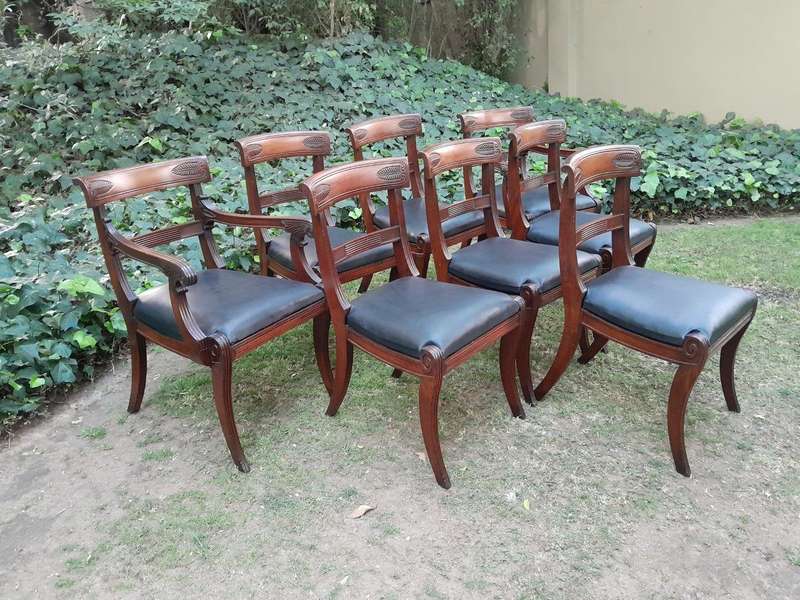 An Antique Late 18th / Early 19th Regency Set of Eight  Mahogany Dining Chairs Upholstered inlea...