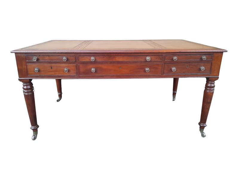 An Antique Victorian Late 19th Century Mahogany Partners Writing Table with a Gilt Tooled Leather...