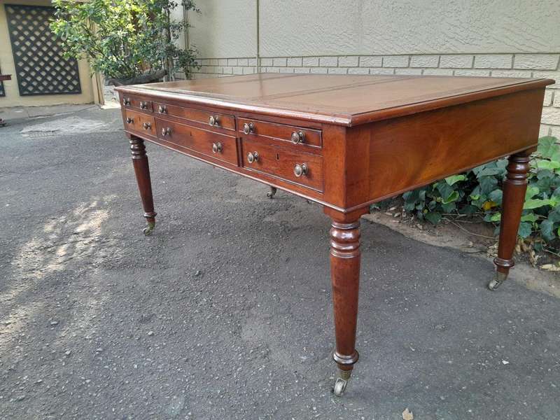 An Antique Victorian Late 19th Century Mahogany Partners Writing Table with a Gilt Tooled Leather...