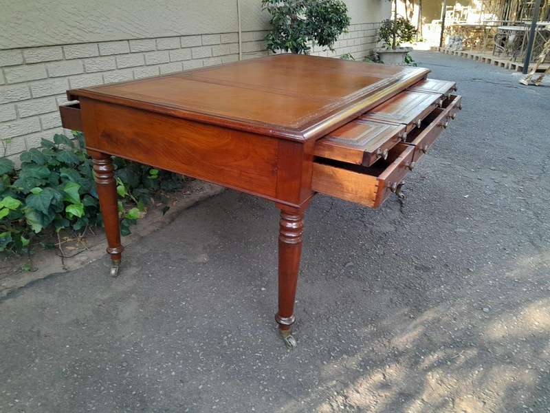 An Antique Victorian Late 19th Century Mahogany Partners Writing Table with a Gilt Tooled Leather...