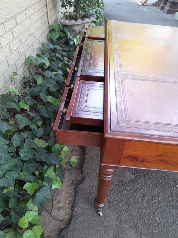 An Antique Victorian Late 19th Century Mahogany Partners Writing Table with a Gilt Tooled Leather...