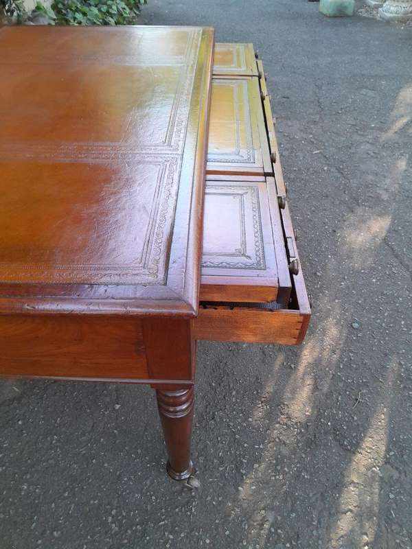 An Antique Victorian Late 19th Century Mahogany Partners Writing Table with a Gilt Tooled Leather...