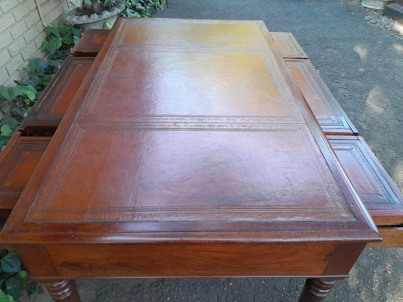 An Antique Victorian Late 19th Century Mahogany Partners Writing Table with a Gilt Tooled Leather...