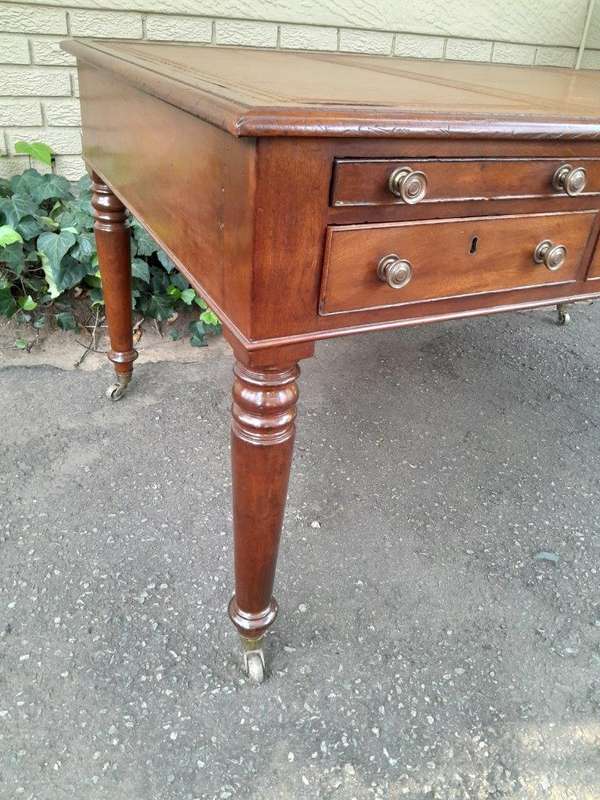 An Antique Victorian Late 19th Century Mahogany Partners Writing Table with a Gilt Tooled Leather...