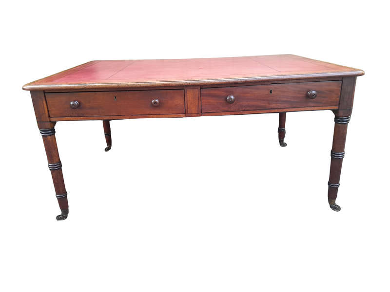 An Antique Early 19th Century George IV Mahogany Writing With Gilt Tooled Leather Top And Drawers...