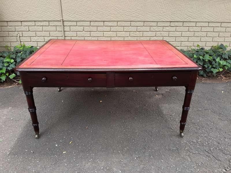 An Antique Early 19th Century George IV Mahogany Writing With Gilt Tooled Leather Top And Drawers...