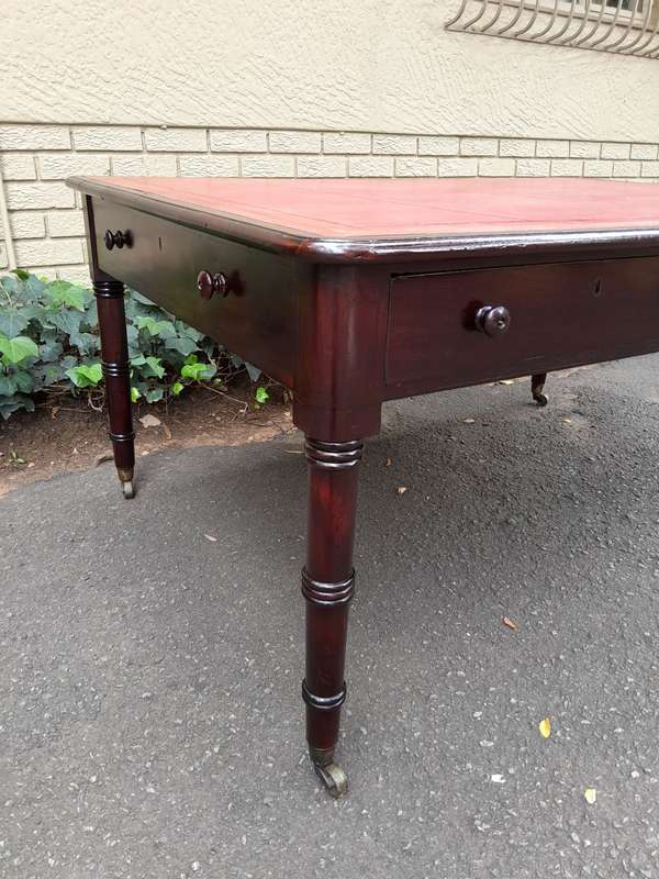 An Antique Early 19th Century George IV Mahogany Writing With Gilt Tooled Leather Top And Drawers...