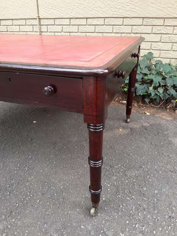 An Antique Early 19th Century George IV Mahogany Writing With Gilt Tooled Leather Top And Drawers...