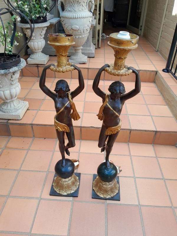 A 20th Century Pair of Large Size Bronze Blackamoor Torchere Lamps ND