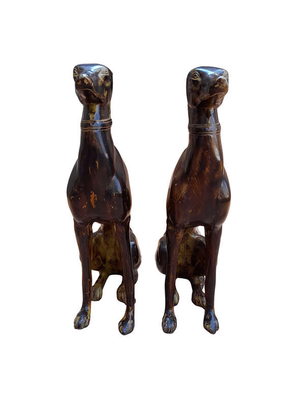 A 20th Century Pair of Life-Size Spelter and Patinated Greyhounds