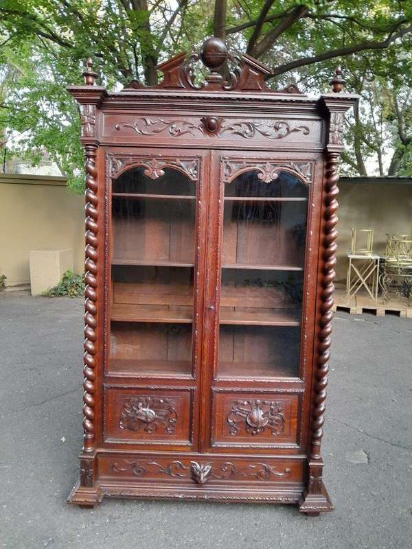 A 19th Century French Louis XVI- Style  Carved Oak Bookcase Cabinet with Glazed Doors