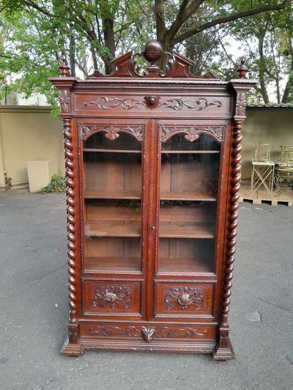 A 19th Century French Louis XVI- Style  Carved Oak Bookcase Cabinet with Glazed Doors