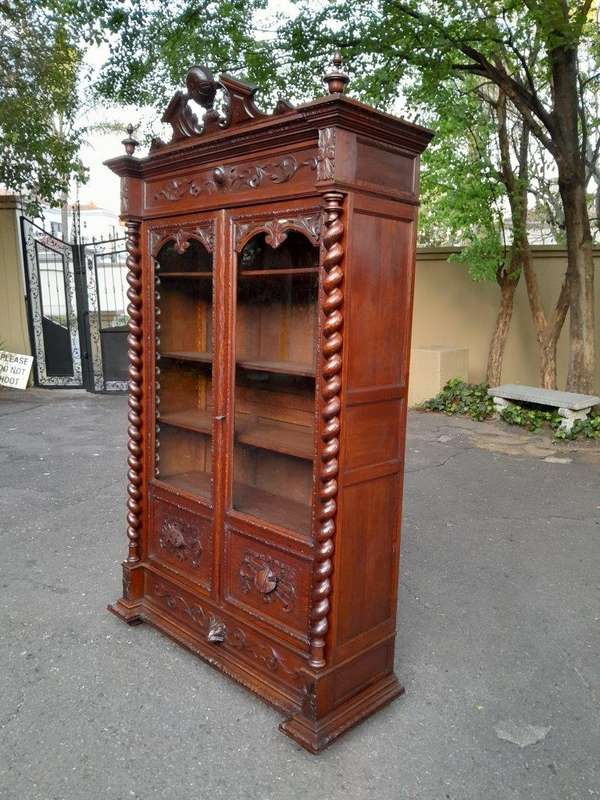 A 19th Century French Louis XVI- Style  Carved Oak Bookcase Cabinet with Glazed Doors