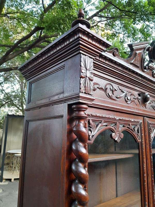 A 19th Century French Louis XVI- Style  Carved Oak Bookcase Cabinet with Glazed Doors