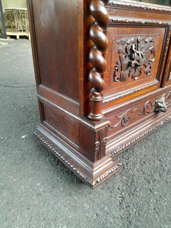 A 19th Century French Louis XVI- Style  Carved Oak Bookcase Cabinet with Glazed Doors