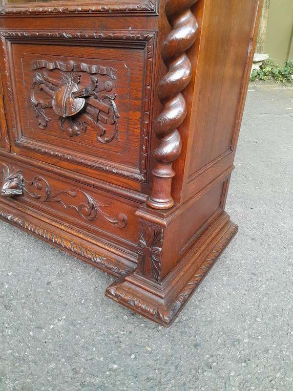 A 19th Century French Louis XVI- Style  Carved Oak Bookcase Cabinet with Glazed Doors