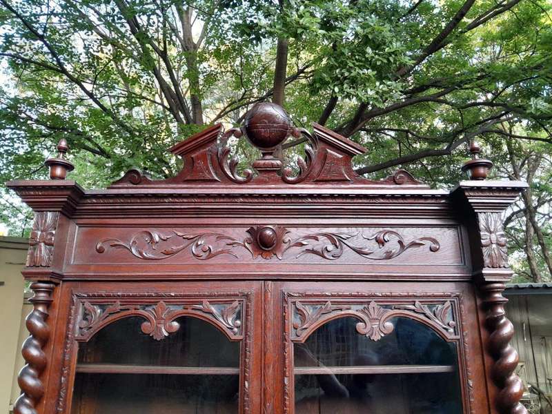 A 19th Century French Louis XVI- Style  Carved Oak Bookcase Cabinet with Glazed Doors