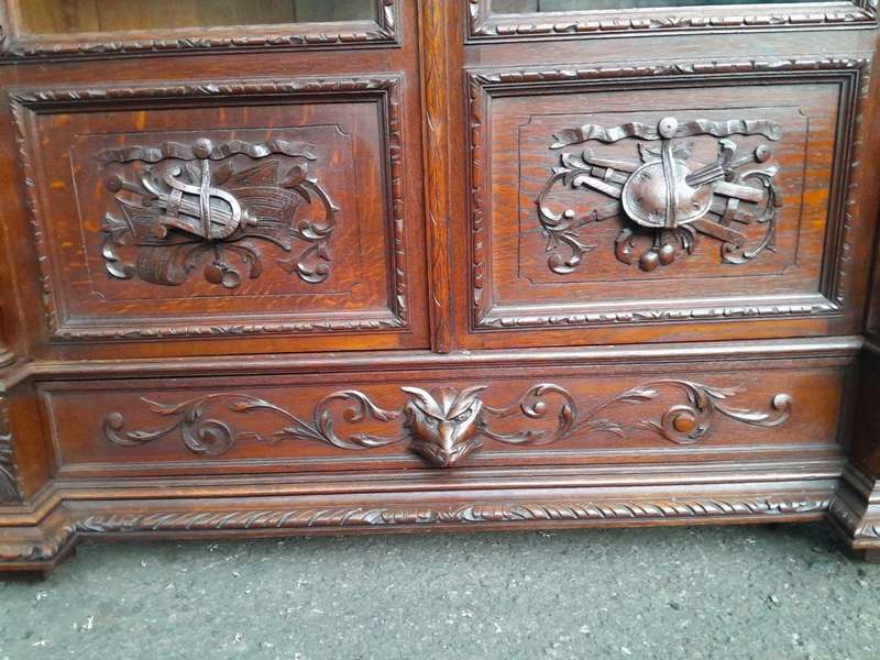 A 19th Century French Louis XVI- Style  Carved Oak Bookcase Cabinet with Glazed Doors
