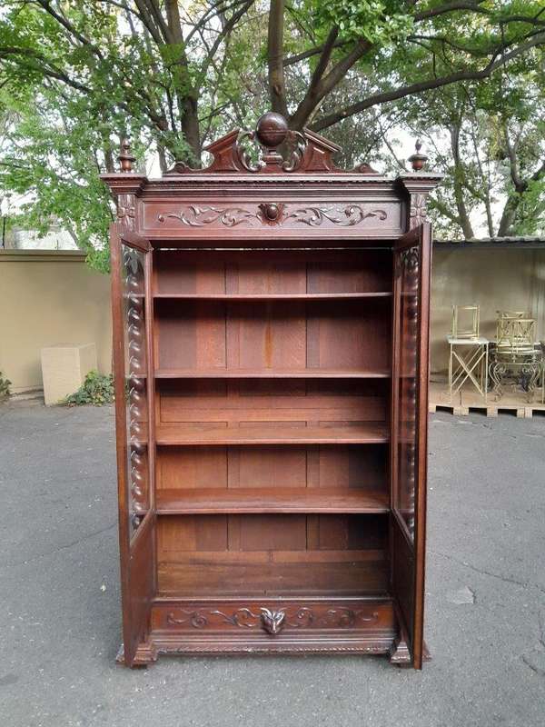 A 19th Century French Louis XVI- Style  Carved Oak Bookcase Cabinet with Glazed Doors