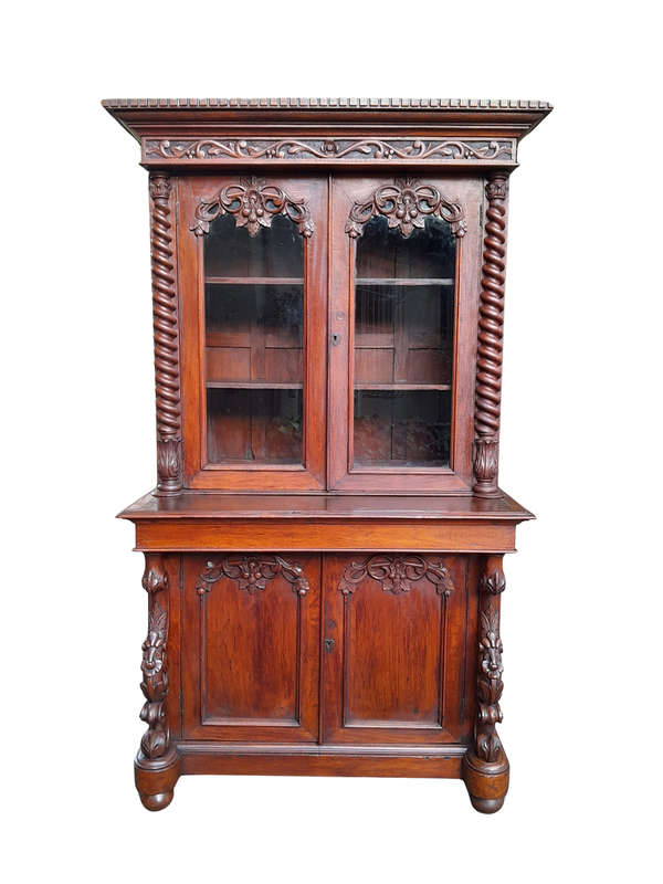 A 19th Century Victorian Carved Mahogany Bookcase Cabinet display / bookcase cabinet with Glazed ...