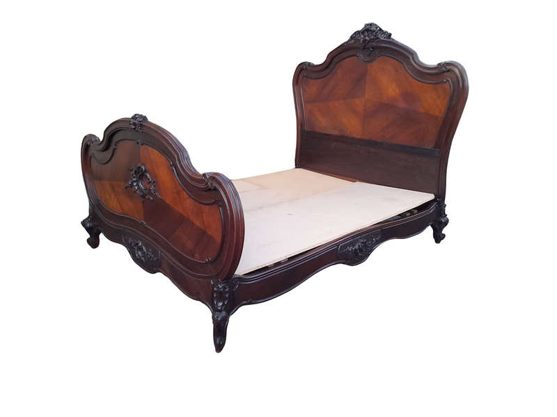 A 20th Century French Ornately Carved Rosewood Double Bed with Headboard, Footboard and Side Rails