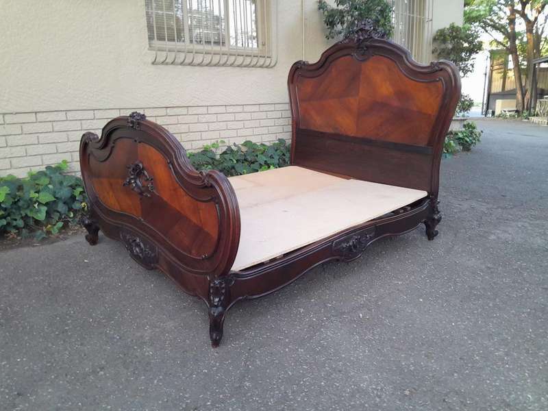 A 20th Century French Ornately Carved Rosewood Double Bed with Headboard, Footboard and Side Rails