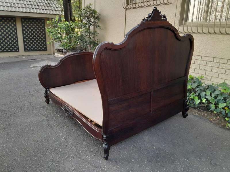 A 20th Century French Ornately Carved Rosewood Double Bed with Headboard, Footboard and Side Rails