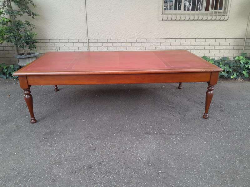 An Antique 19th Century Massive Wooden Library Table With Tooled and Inlaid Leather