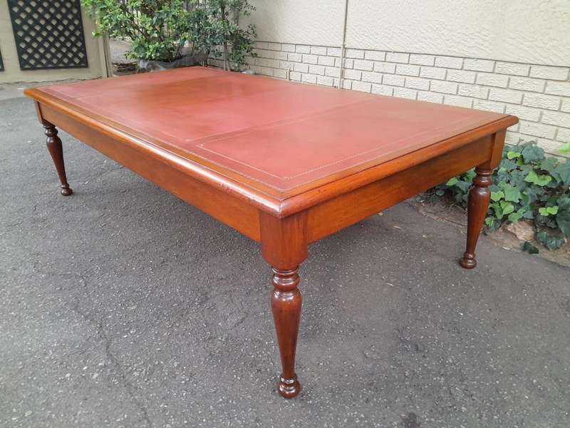 An Antique 19th Century Massive Wooden Library Table With Tooled and Inlaid Leather