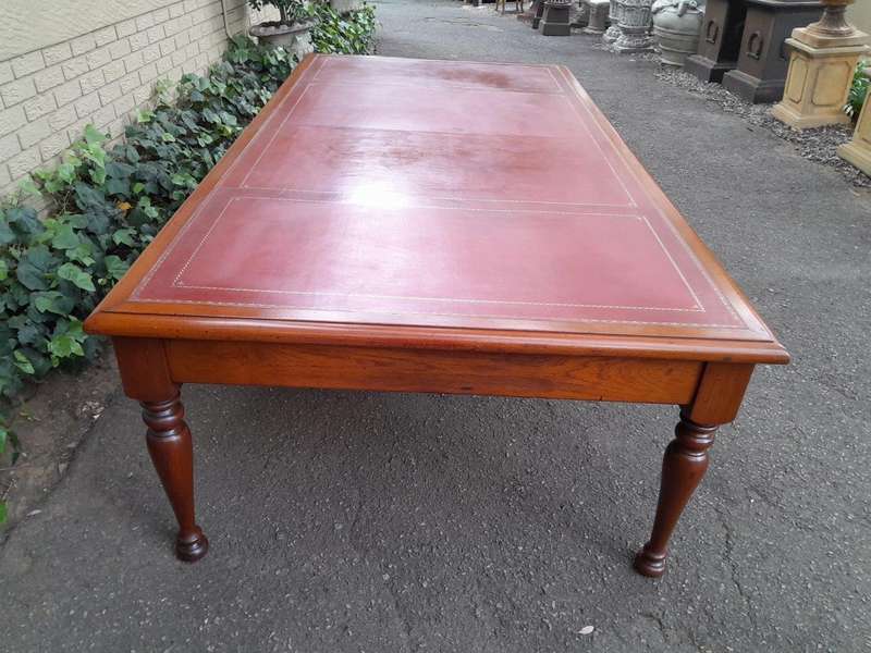An Antique 19th Century Massive Wooden Library Table With Tooled and Inlaid Leather